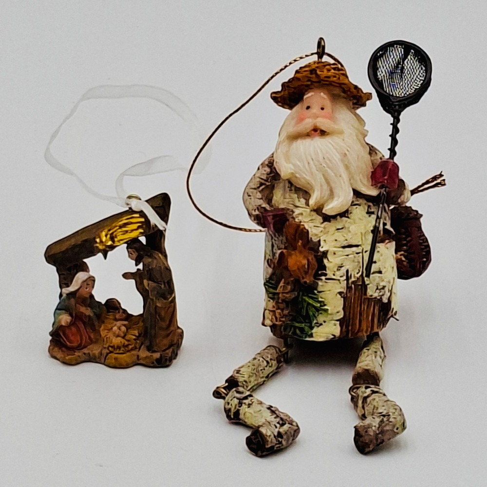 Woodland Santa Rabbit Net Mini Nativity Christmas Ornaments Lot 2 Rustic